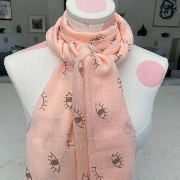 Memories Soft Fringed Polyester Cotton Scarf/Wrap w Playful Eye Print Pale Peach - Picture 4 of 12
